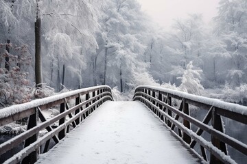 Snowy, wooden bridge in a winter day. Stare Juchy, Poland