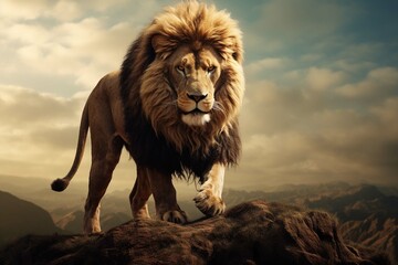 Strong and confident lion on a hill