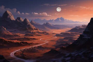 The road between beautiful hills, mountains, snow, and desert, Created with AI