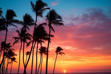 Fototapeta na wymiar Dark palm trees silhouettes on colorful tropical ocean sunset background, vector illustration