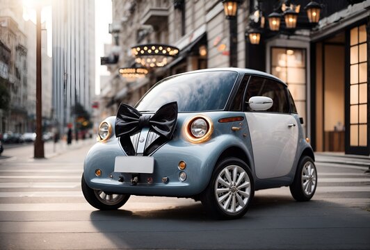 a small, cute car designed to look like a formal suit with a bow tie