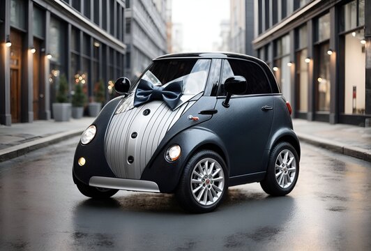 a small, cute car designed to look like a formal suit with a bow tie