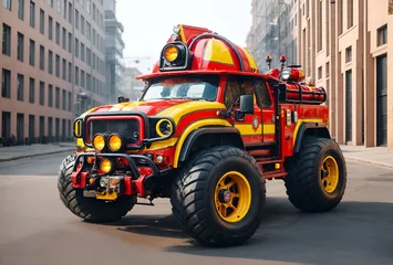 Fotobehang a four-wheel drive fire truck designed to look like a cartoon firefighter character © Meeza