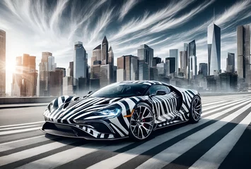 Fotobehang a modern sports car designed with a zebra-stripe pattern © Meeza