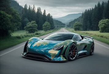 a modern sports car with a design resembling the Earth