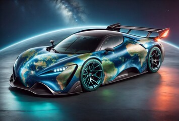 a modern sports car with a design resembling the Earth