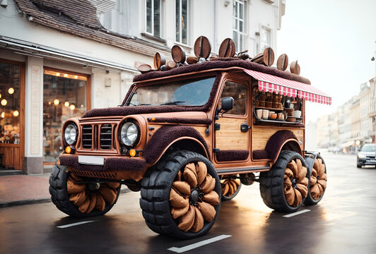 a four-wheel drive vehicle designed to look like a mobile coffee shop