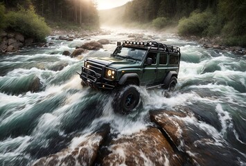 an extreme all-terrain vehicle attempts to cross a rapidly flowing river