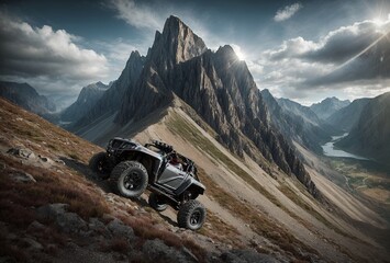 A 4X4 vehicle climbs a steep mountain peak