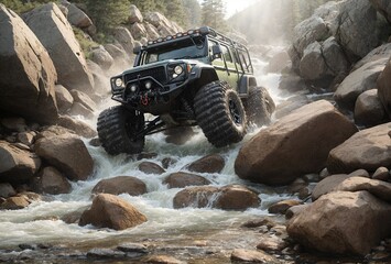 an extreme 4X4 vehicle maneuvering with difficulty between large rocks and water - obrazy, fototapety, plakaty
