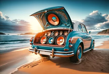Foto op Canvas a youthful and appealing car with speakers on a beach © Meeza