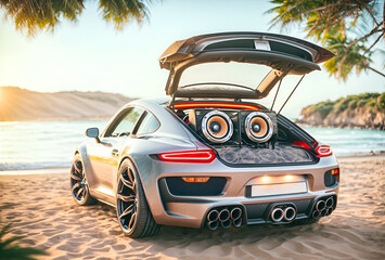 a youthful and appealing car with speakers on a beach
