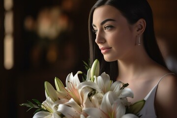 A bride with a lily bouquet at a Casablanca wedding ceremony captured in a photo shoot. Generative AI