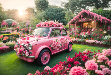 a charming pink car adorned with lovely flowers