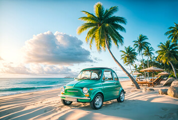 a small, charming green car on a beach