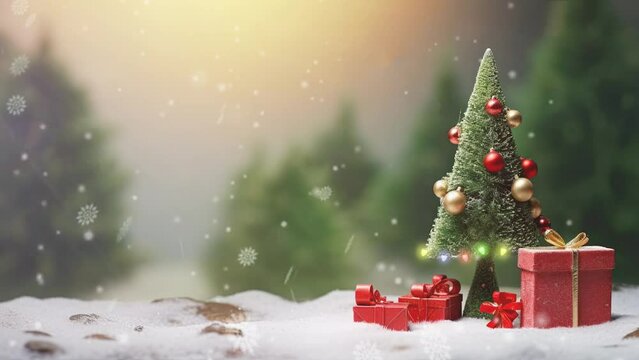 christmas celebration with christmas gift and christmas tree with snowfall decoration concept. with cartoon style. seamless looping time-lapse virtual video animation background.