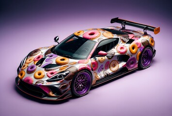 A sports car with a donut-themed wrap