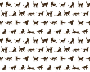 Seamless background with silhouettes of domestic cats.
