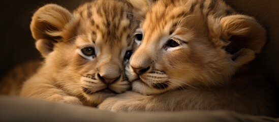 Baby lions snuggling