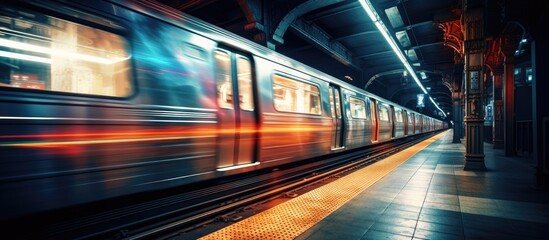 Creative zoom effect photo of a NYC subway train at a station. - obrazy, fototapety, plakaty