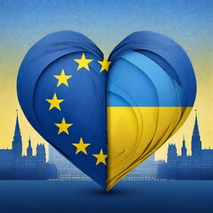 The Ukrainian flag stitched with the European Union flag, shaped like a heart and a EU city as background. Illustrative digital art concept, depicting the EU integration process for Ukraine.

