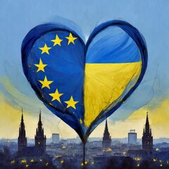 The Ukrainian flag stitched with the European Union flag, shaped like a heart and a EU city as background. Illustrative digital art concept, depicting the EU integration process for Ukraine.

 - obrazy, fototapety, plakaty