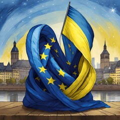 The Ukrainian flag entangled with the European Union flag, with a European city skyline as background. Illustrative digital art concept, depicting the European Union integration process for Ukraine. - obrazy, fototapety, plakaty
