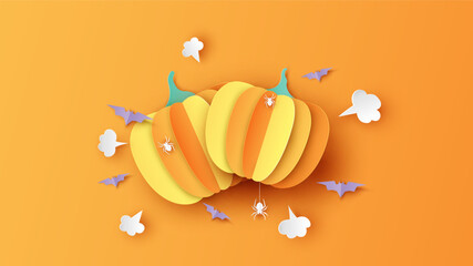 Halloween pumpkin with bats, spiders on orange background. Halloween festival. Graphic design for Halloween. paper cut and craft style. vector, illustration.
