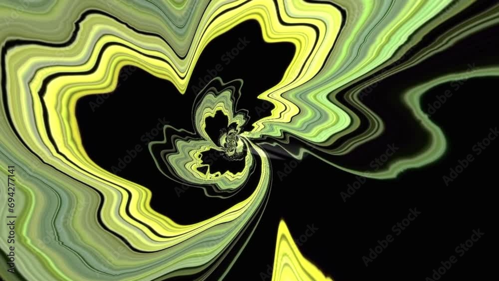 Sticker yellow and green marbled line swirl wave tunnel background with light effect. loop able modern anima