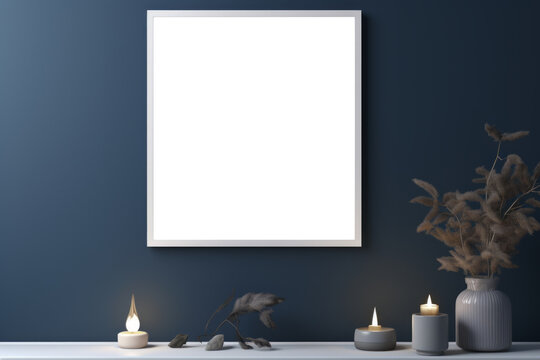 An empty mockup frame placed on a blue wall, providing a versatile and customizable template for displaying artwork or photos within a vibrant setting. Photorealistic illustration