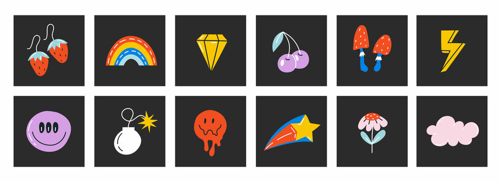 Naive playful abstract shapes sticker pack. Groovy circle oval rectangle arch eyes typography in trendy retro 90s cartoon style. Stock illustration with wavy geometric elements. Brutalism aesthetic.