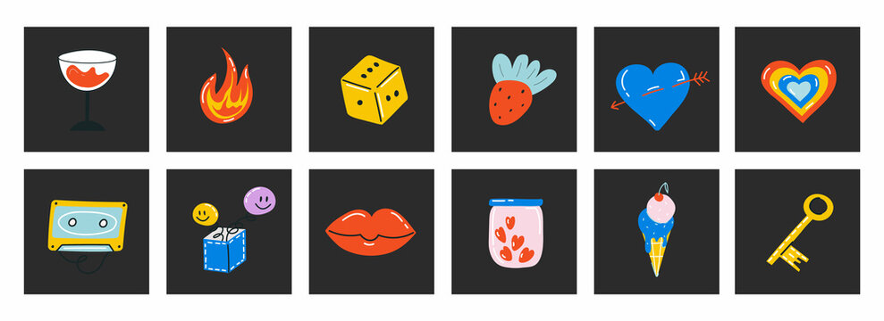 Naive playful abstract shapes sticker pack. Groovy circle oval rectangle arch eyes typography in trendy retro 90s cartoon style. Stock illustration with wavy geometric elements. Brutalism aesthetic.