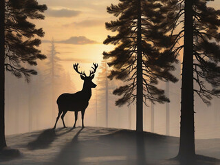 silhouette of buck deer near pine tree
