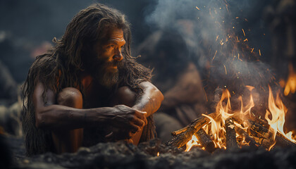 Recreation of a prehistoric man together a bonfire - obrazy, fototapety, plakaty