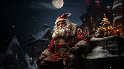 Handsome Santa Claus sitting on roof top  surrounded by houses and a night sky. 