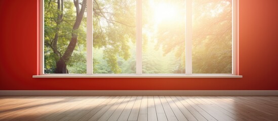 An unfurnished room with red carpet and a sunny window view of trees.