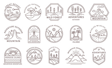 Line art adventure badges. Outline travel emblems with outdoor landscapes. Minimal mountain, island, desert and wild forest tags vector set - obrazy, fototapety, plakaty