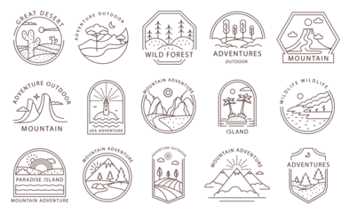 Fotobehang Line art adventure badges. Outline travel emblems with outdoor landscapes. Minimal mountain, island, desert and wild forest tags vector set © WinWin