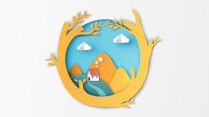 Circle tree frame with a Lonely house in Autumn. Autumn landscape. paper cut and craft style. vector, illustration.