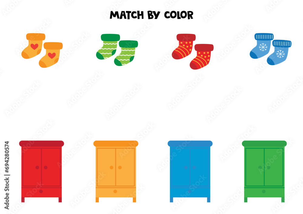 Sticker color matching game for preschool kids. match cartoon socks and wardrobes by colors