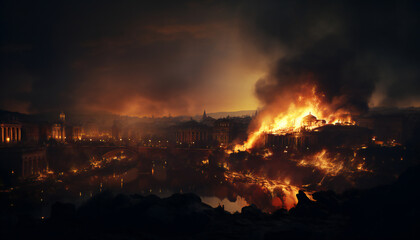 Fototapeta na wymiar Recreation of a medieval city burning