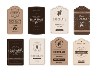 Cocoa label. Classic chocolate emblems with cocoa beans, artisanal product branding design template vector set