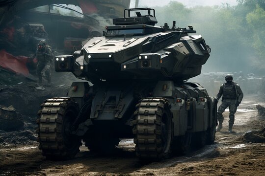 A futuristic armored vehicle drives on a dirt road with infantry fighting vehicles and personnel carriers. Generative AI
