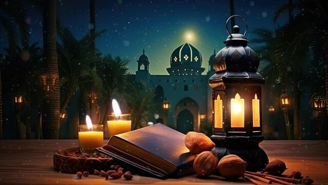 ramadan night decoration with arabic lantern, candles and holy book. seamless looping time-lapse virtual 4k video animation background.