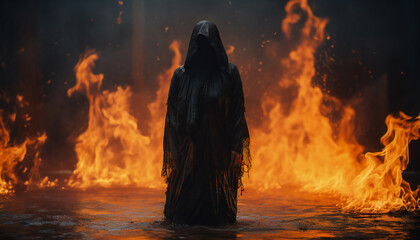 Recreation of a figure with tunic and black hood resurging of the water surrounded by fire - obrazy, fototapety, plakaty