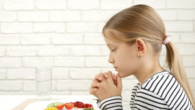 Child Praying Before Eating Breakfast in Kitchen, Kid Preparing Eat Meal, Girl Religious View, Christian Customs, Practices