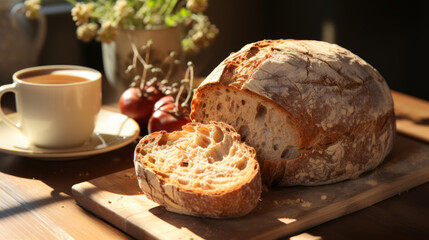 Crispy homemade bread. Hand made loaf of bread in a sunny atmosphere. Home bakery. - obrazy, fototapety, plakaty