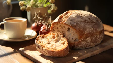 Crédence de cuisine en verre imprimé Pain Crispy homemade bread. Hand made loaf of bread in a sunny atmosphere. Home bakery.