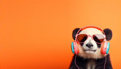 Panda with headphones on a bright colored background. Empty space for text, copy space