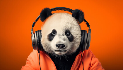 Fashionable panda in sunglasses on an orange background